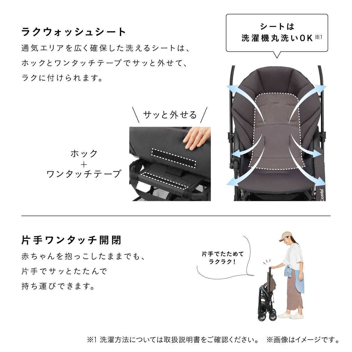 通気エリアを広く確保した「ラクウォッシュシート」は、ホックとワンタッチテープで簡単に取り外し・取り付けができ、洗濯機で丸洗い可能。さらに「片手ワンタッチ開閉」機能を搭載し、赤ちゃんを抱っこしたままでも片手で簡単に折りたたんで持ち運べます。