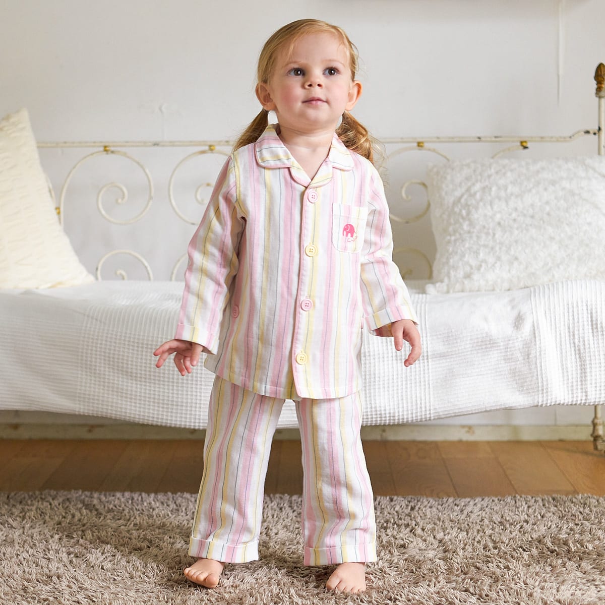 おなか安心ボタン付き ガーゼ 長袖 前開きパジャマ（ストライプ）