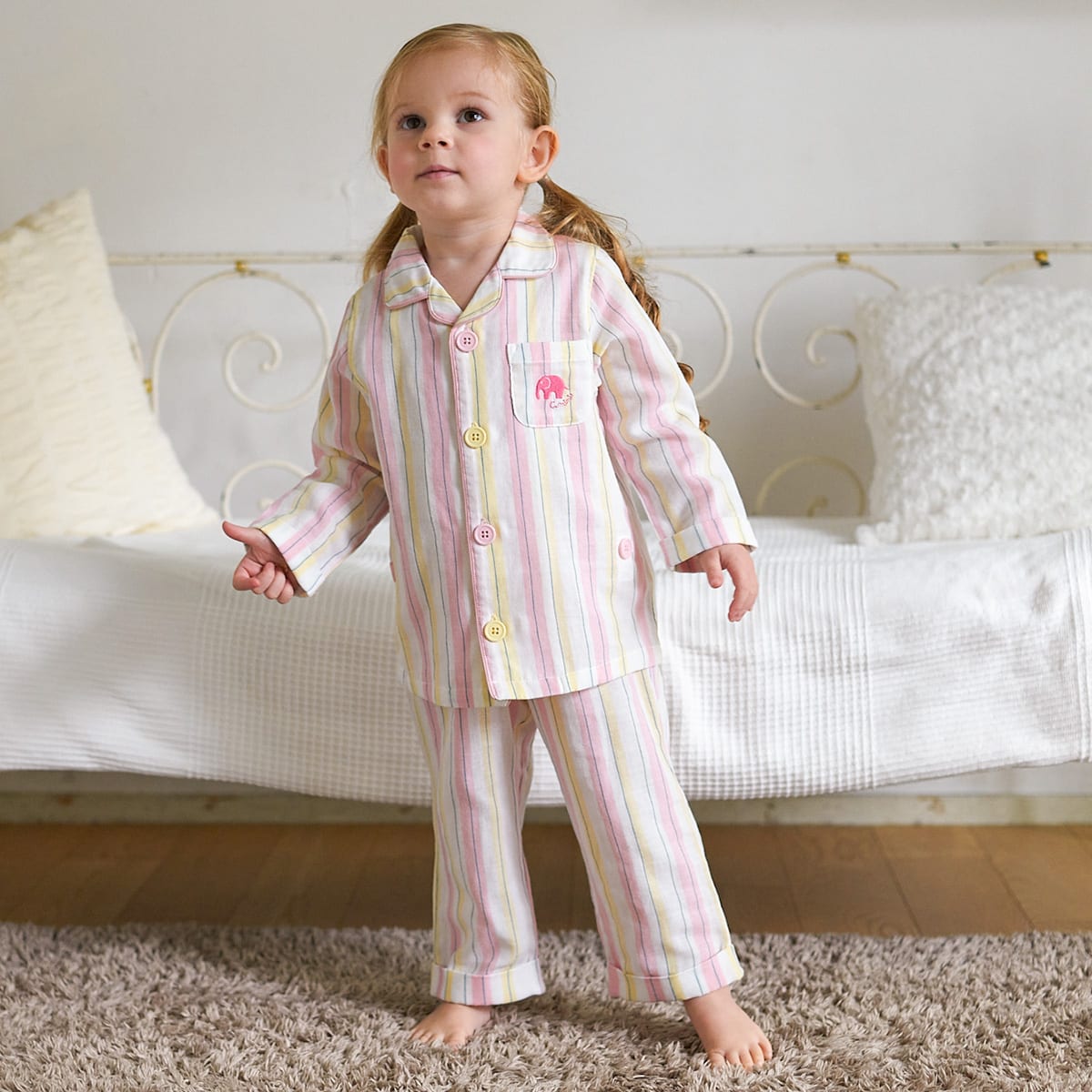 おなか安心ボタン付き ガーゼ 長袖 前開きパジャマ（ストライプ）