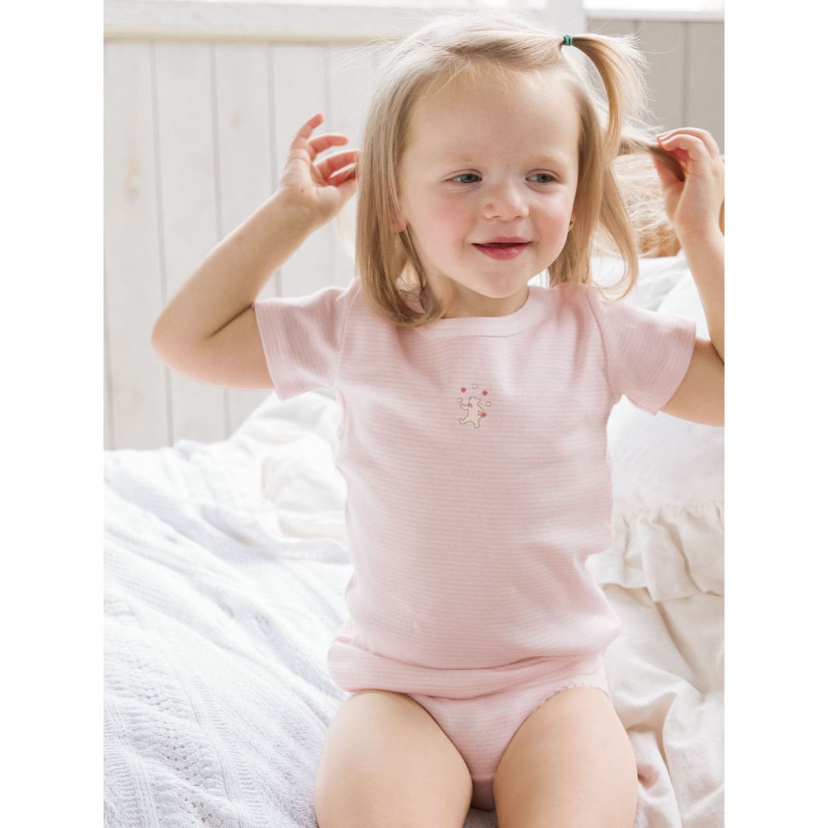 《コンビミニ》半袖Tシャツ（ミジンボーダー） 女の子 80cm 90cm 100cm 110cm 120cm 130cm キッズ 子供 保育園 春夏 子供服 夏服 ギフト tシャツ トップス ボーダー ティーシャツ 肌着 ベビー服 インナー 下着 子ども 女児 綿100％ 通気性 子ども服 ベビー