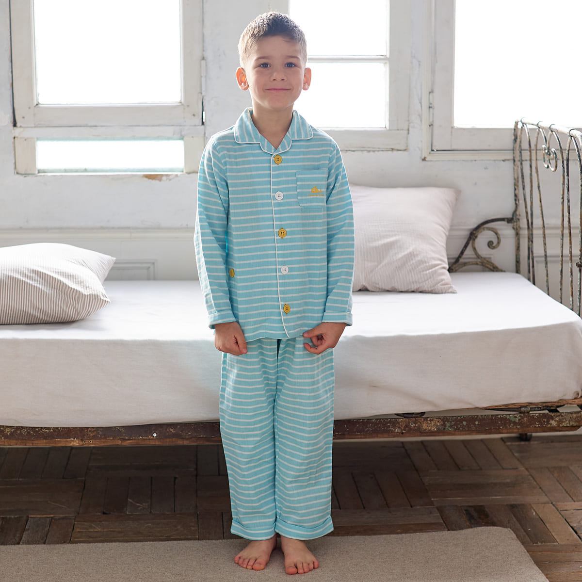 おなか安心ボタン付き ガーゼ 長袖 前開きパジャマ（ボーダー）/80cm