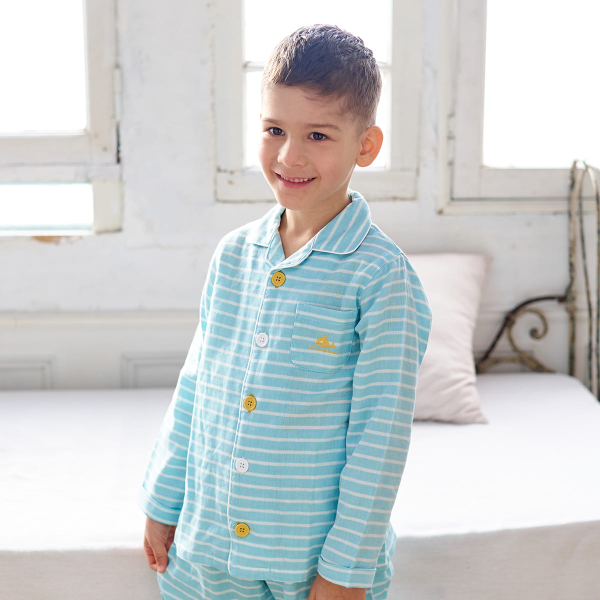 おなか安心ボタン付き ガーゼ 長袖 前開きパジャマ（ボーダー）/80cm