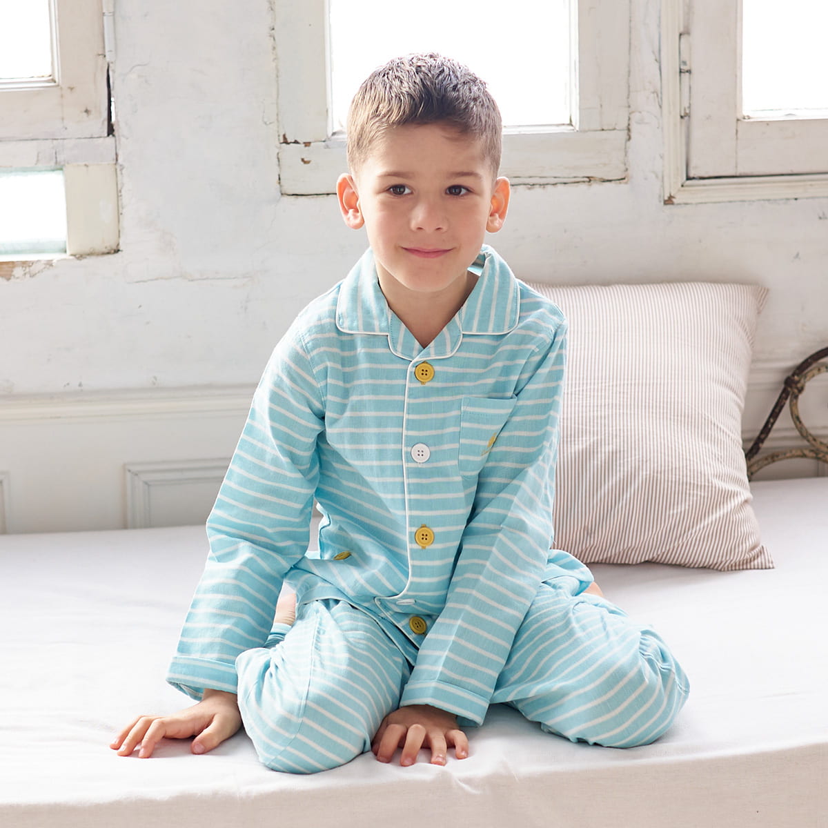 おなか安心ボタン付き ガーゼ 長袖 前開きパジャマ（ボーダー）/80cm