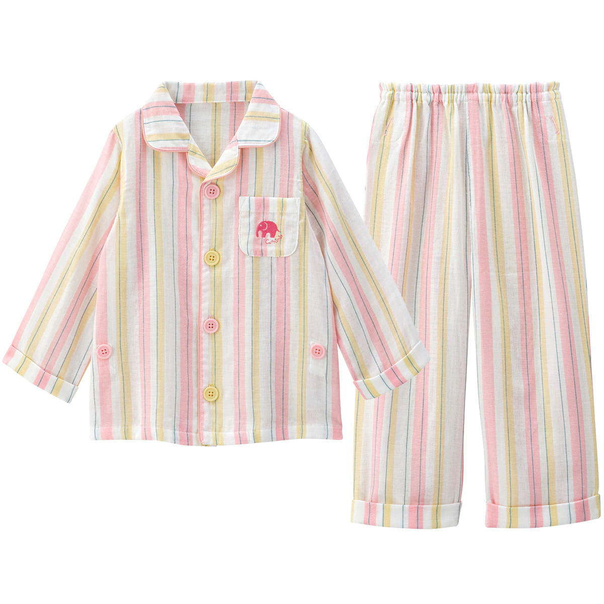 おなか安心ボタン付き ガーゼ 長袖 前開きパジャマ（ストライプ）