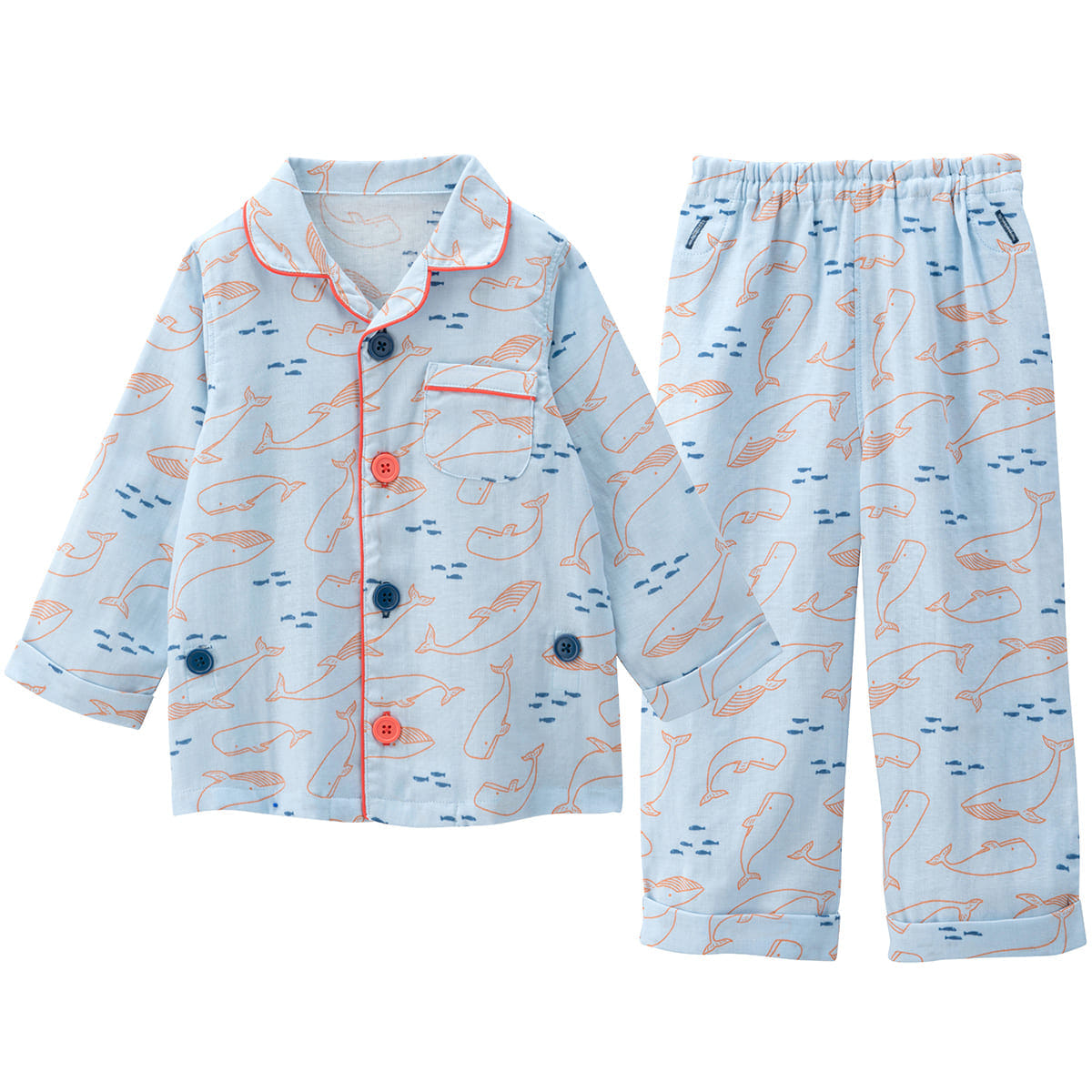 おなか安心ボタン付き ガーゼ 長袖 前開きパジャマ（くじら）/80cm