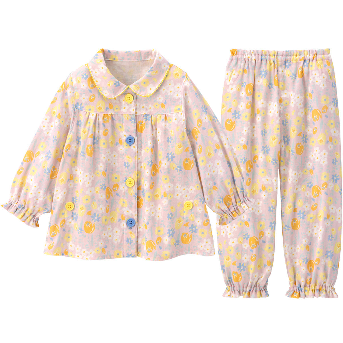 おなか安心ボタン付き ガーゼ 長袖 前開きパジャマ（フラワー）