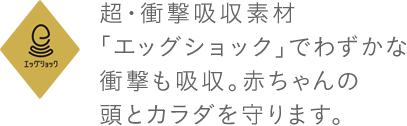 超・衝撃吸収素材「エッグショック」でわずかな衝撃も吸収。赤ちゃんの頭とカラダを守ります。