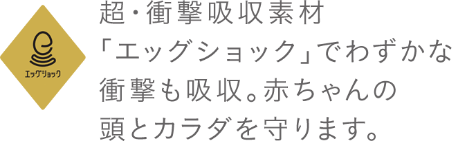 超・衝撃吸収素材「エッグショック」でわずかな衝撃も吸収。赤ちゃんの頭とカラダを守ります。