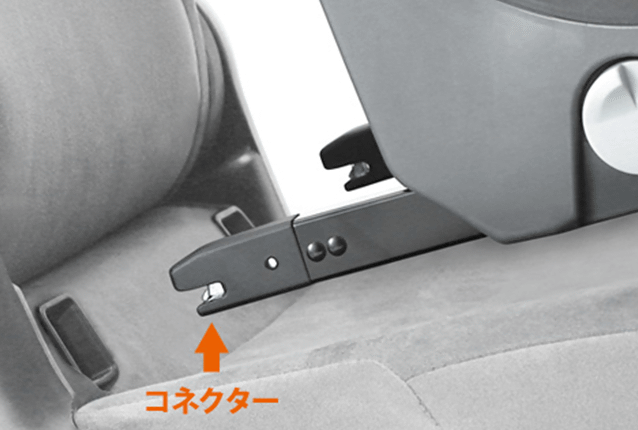 コネクターを車側の金具(バー)に差して押し込むだけ ※写真はISOFIXキャップが付いています。