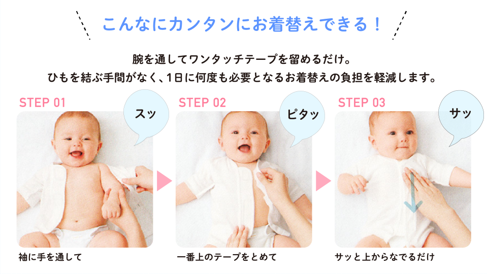 こんなにカンタンにお着替えできる！ 腕を通してワンタッチテープを留めるだけ。ひもを結ぶ手間がなく、1日に何度も必要となるお着替えの負担を軽減します。 STEP 01 袖に手を通して STEP 02 一番上のテープをとめて STEP 03 サッと上からなでるだけ
