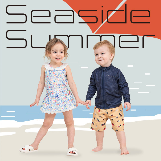 Seaside Summer　夏は、キュートでおしゃれなプリント水着が必須アイテム。大人気のラッシュガードもセットアップ風に楽しめ充実！ 