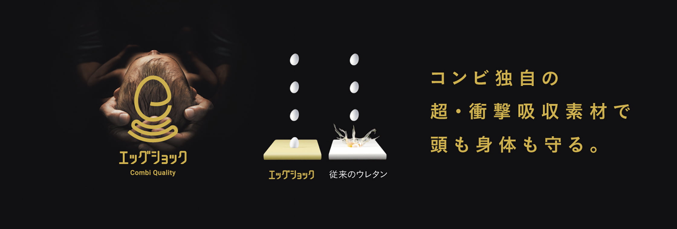 エッグショック コンビ独自の超・衝撃吸収素材で産まれたての頭を守る。