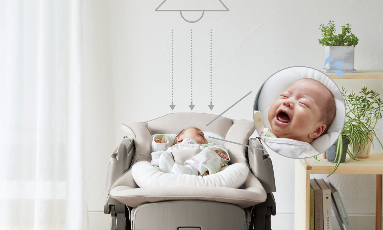 仰向けの赤ちゃんの目には、照明の光が直接入ってしまう。